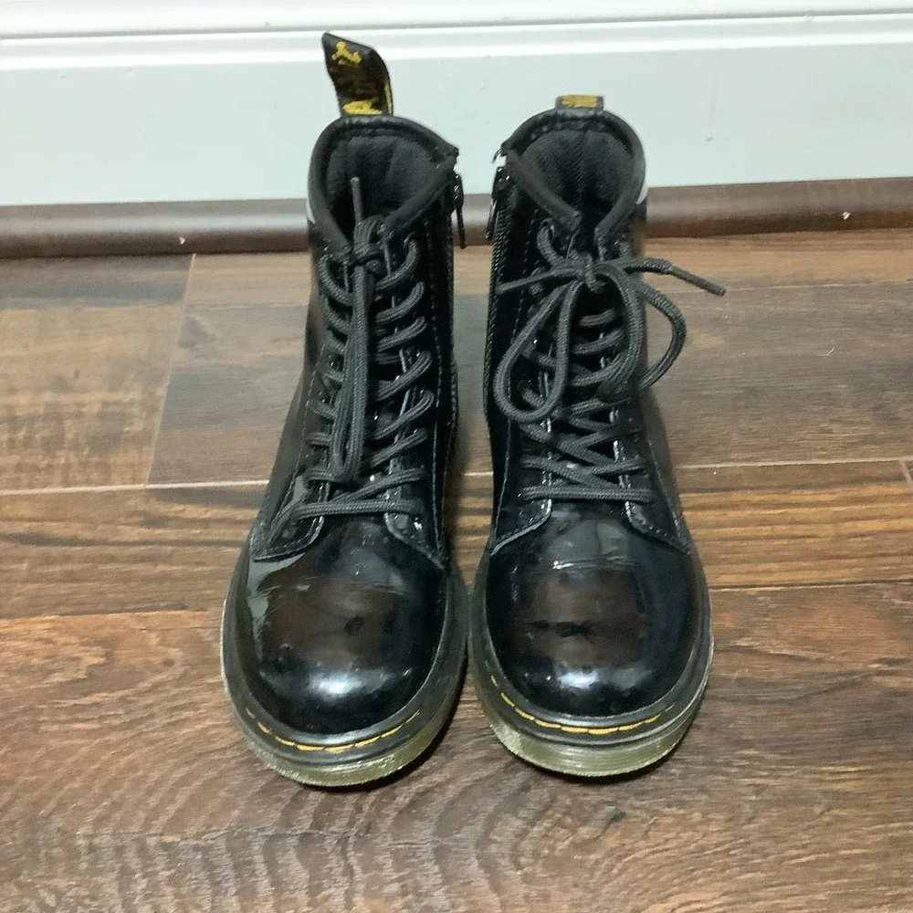 Dr. Martens 1460 J Kids Black Patent Leather Lace Up Zip Combat Boots Size 1 US